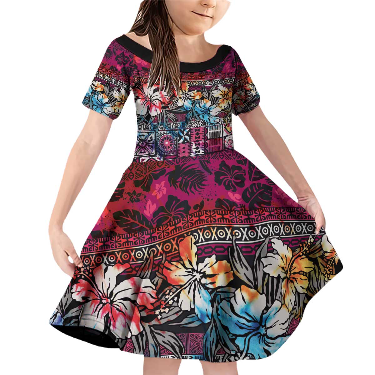 Pacific Hibiscus Tapa Tribal Vintage Family Matching Off Shoulder Short Dress and Hawaiian Shirt Pink Motif LT9 Daughter's Dress Pink - Polynesian Pride