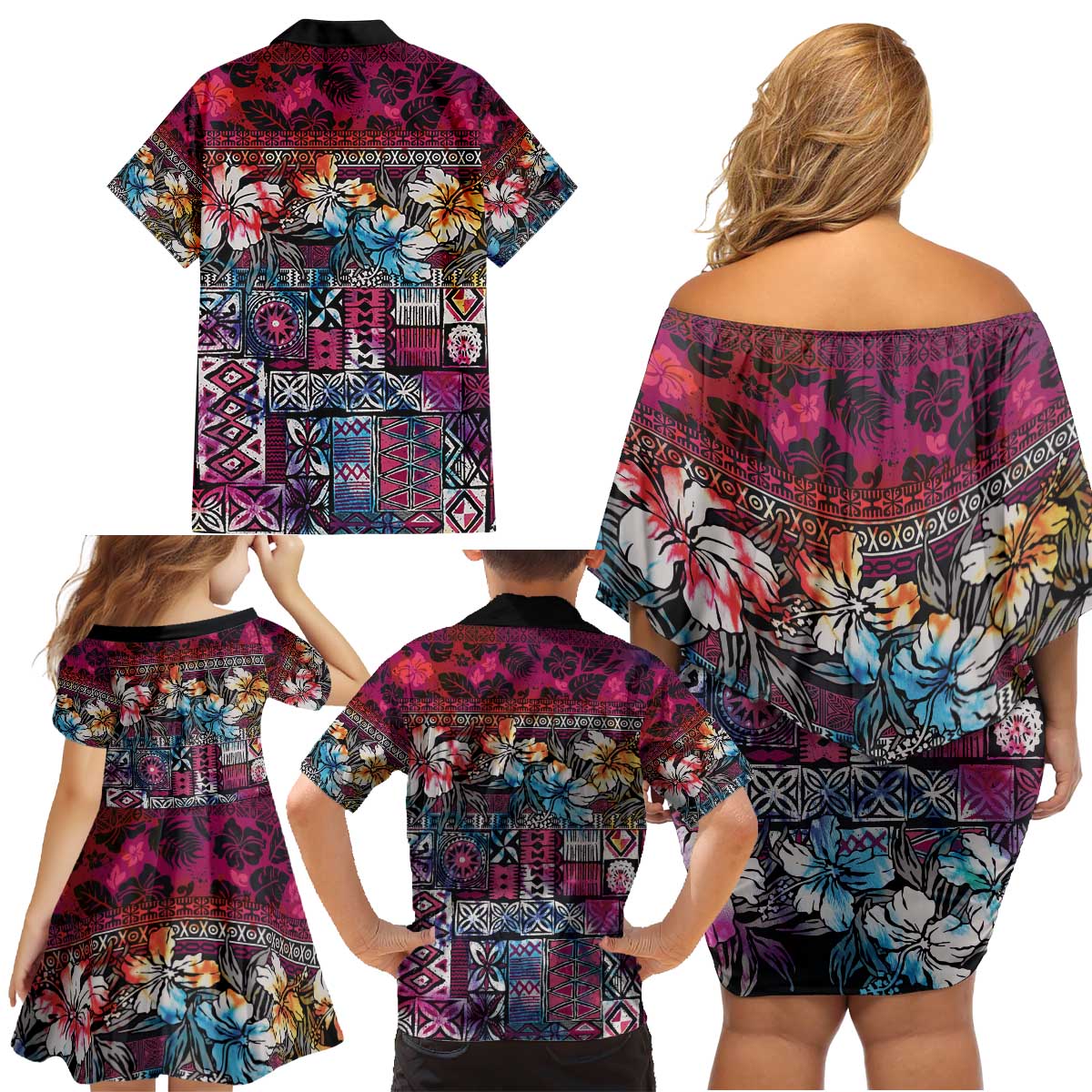 Pacific Hibiscus Tapa Tribal Vintage Family Matching Off Shoulder Short Dress and Hawaiian Shirt Pink Motif LT9 - Polynesian Pride