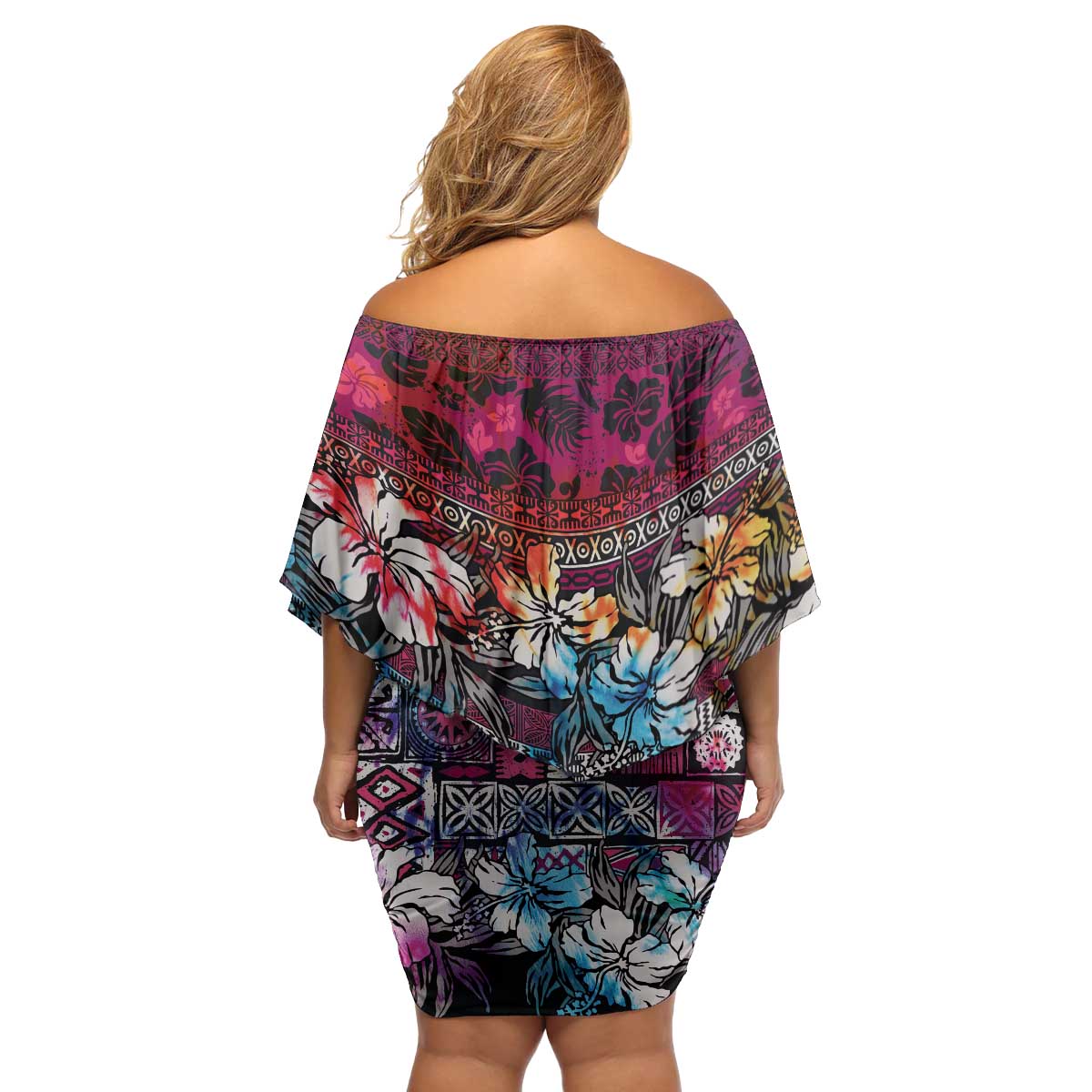 Pacific Hibiscus Tapa Tribal Vintage Family Matching Off Shoulder Short Dress and Hawaiian Shirt Pink Motif LT9 - Polynesian Pride