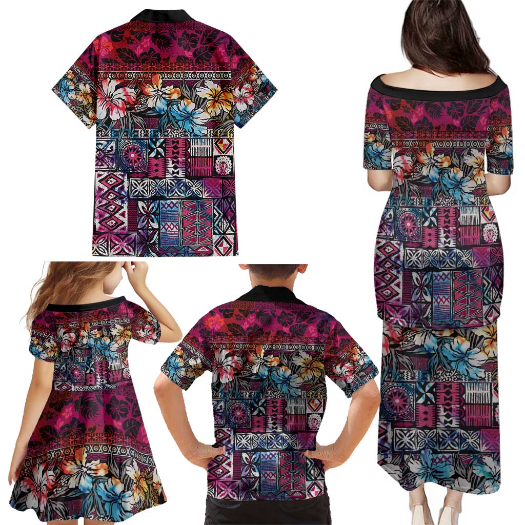 Pacific Hibiscus Tapa Tribal Vintage Family Matching Puletasi and Hawaiian Shirt Pink Motif LT9 - Polynesian Pride