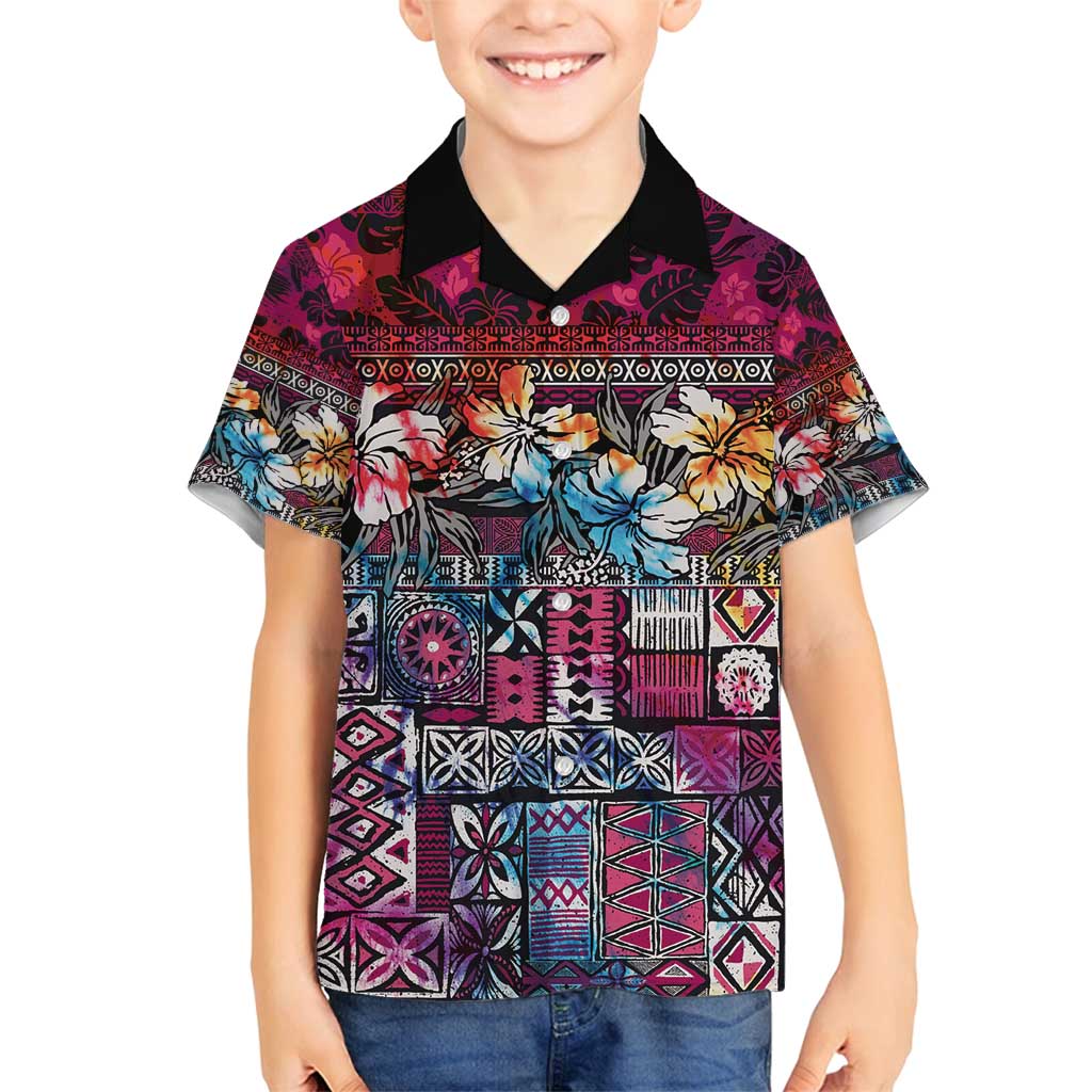 Pacific Hibiscus Tapa Tribal Vintage Family Matching Puletasi and Hawaiian Shirt Pink Motif LT9 Son's Shirt Pink - Polynesian Pride