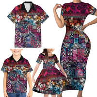 Pacific Hibiscus Tapa Tribal Vintage Family Matching Short Sleeve Bodycon Dress and Hawaiian Shirt Pink Motif LT9 - Polynesian Pride