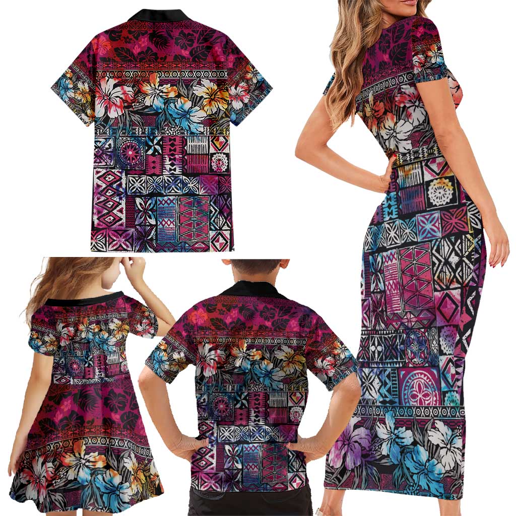 Pacific Hibiscus Tapa Tribal Vintage Family Matching Short Sleeve Bodycon Dress and Hawaiian Shirt Pink Motif LT9 - Polynesian Pride