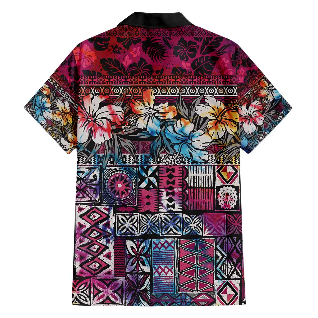 Pacific Hibiscus Tapa Tribal Vintage Family Matching Short Sleeve Bodycon Dress and Hawaiian Shirt Pink Motif LT9 - Polynesian Pride