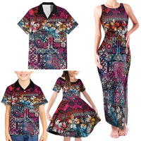 Pacific Hibiscus Tapa Tribal Vintage Family Matching Tank Maxi Dress and Hawaiian Shirt Pink Motif LT9 - Polynesian Pride