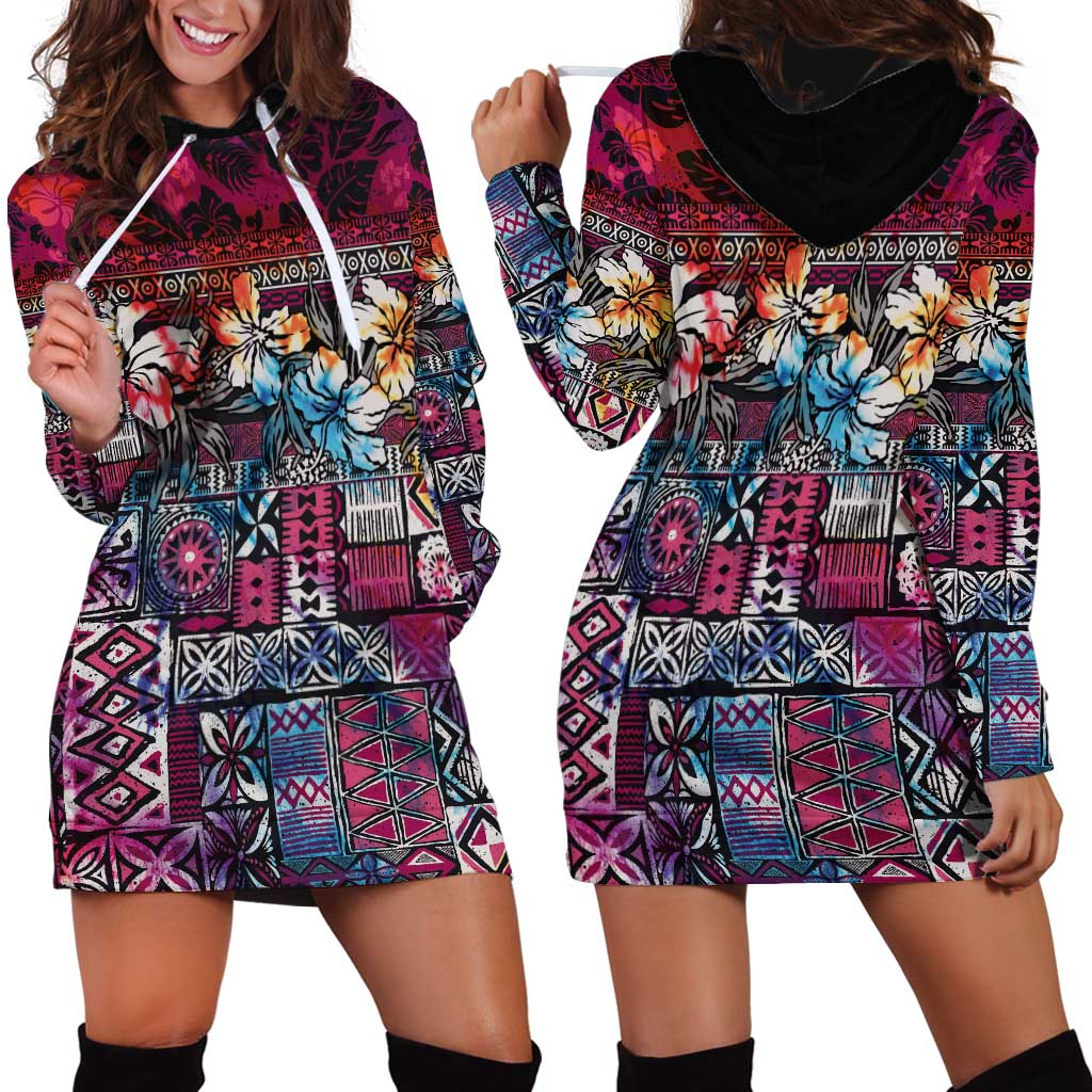 Pacific Hibiscus Tapa Tribal Vintage Hoodie Dress Pink Motif LT9 - Polynesian Pride