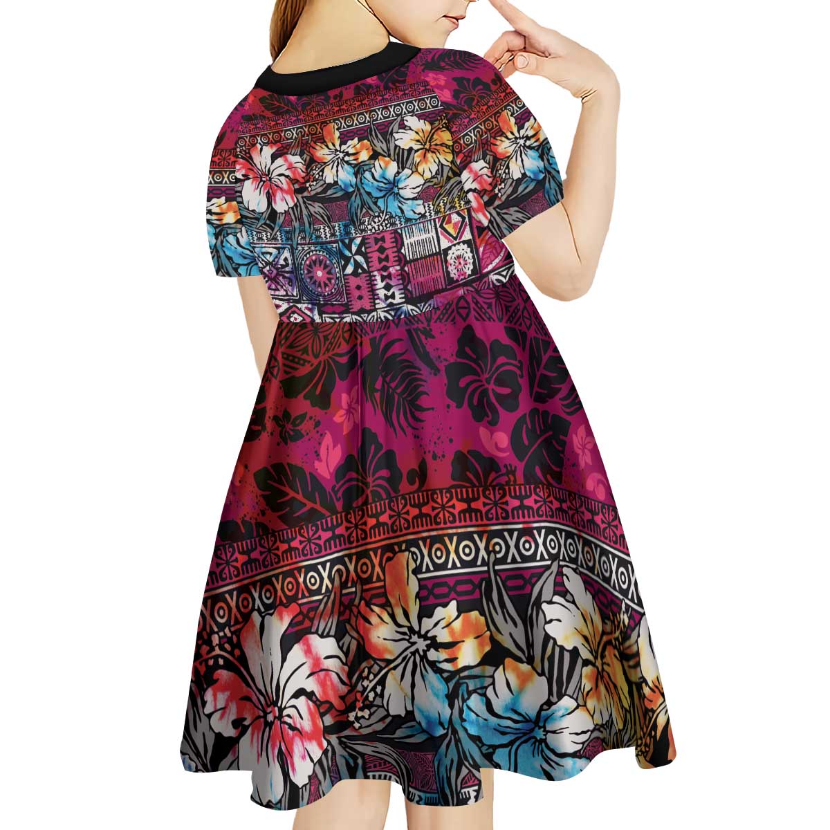 Pacific Hibiscus Tapa Tribal Vintage Kid Short Sleeve Dress Pink Motif