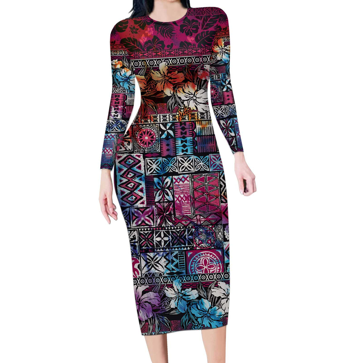 Pacific Hibiscus Tapa Tribal Vintage Long Sleeve Bodycon Dress Pink Motif LT9 Long Dress Pink - Polynesian Pride