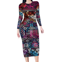 Pacific Hibiscus Tapa Tribal Vintage Long Sleeve Bodycon Dress Pink Motif LT9 Long Dress Pink - Polynesian Pride