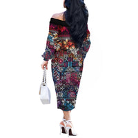 Pacific Hibiscus Tapa Tribal Vintage Off The Shoulder Long Sleeve Dress Pink Motif LT9 - Polynesian Pride