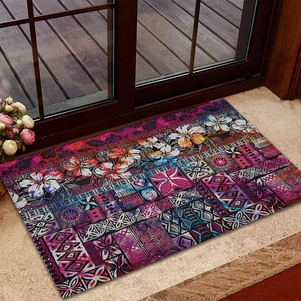 Pacific Hibiscus Tapa Tribal Vintage Rubber Doormat Pink Motif