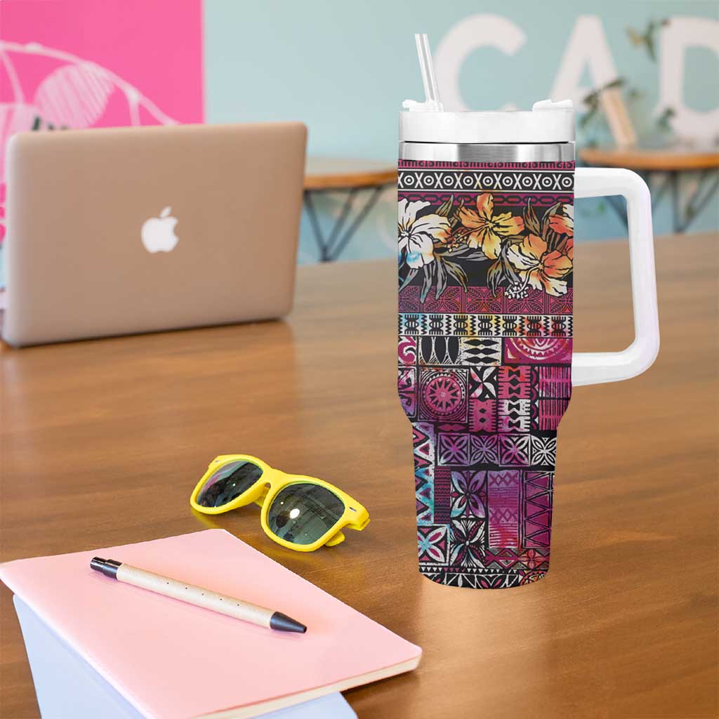 Pacific Hibiscus Tapa Tribal Vintage Tumbler With Handle Pink Motif