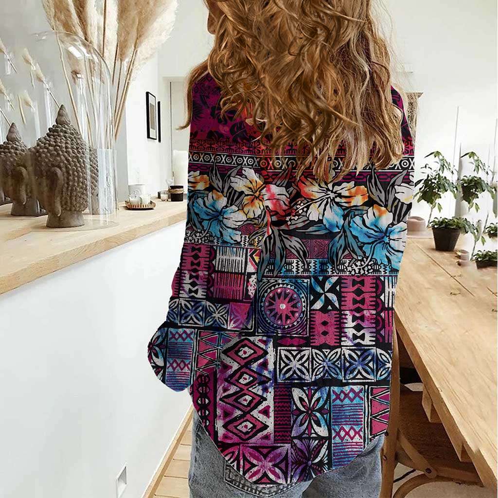 Pacific Hibiscus Tapa Tribal Vintage Women Casual Shirt Pink Motif LT9 - Polynesian Pride