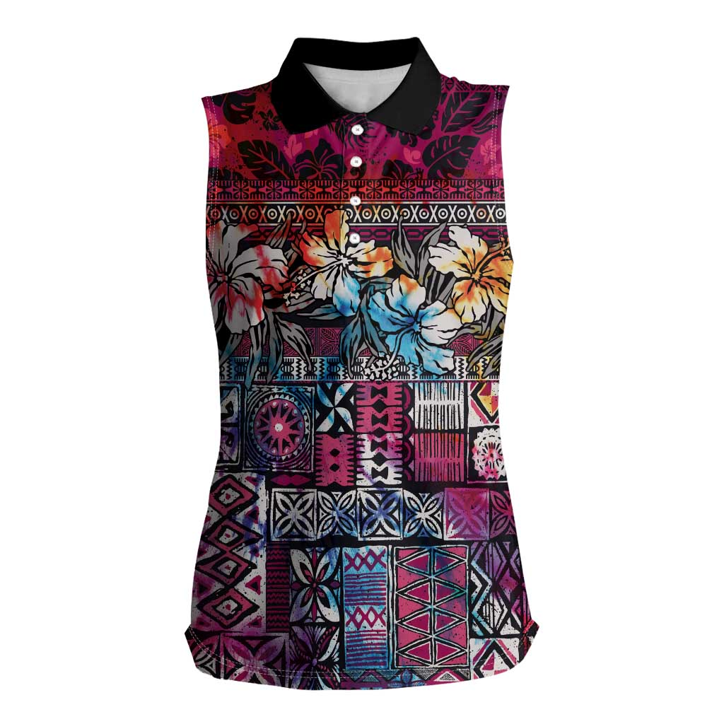 Pacific Hibiscus Tapa Tribal Vintage Women Sleeveless Polo Shirt Pink Motif