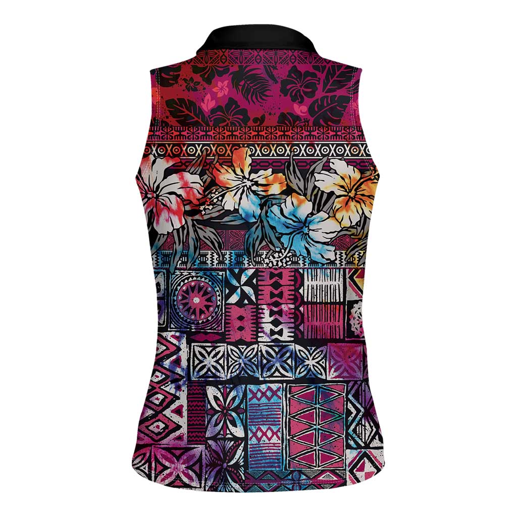 Pacific Hibiscus Tapa Tribal Vintage Women Sleeveless Polo Shirt Pink Motif LT9 - Polynesian Pride