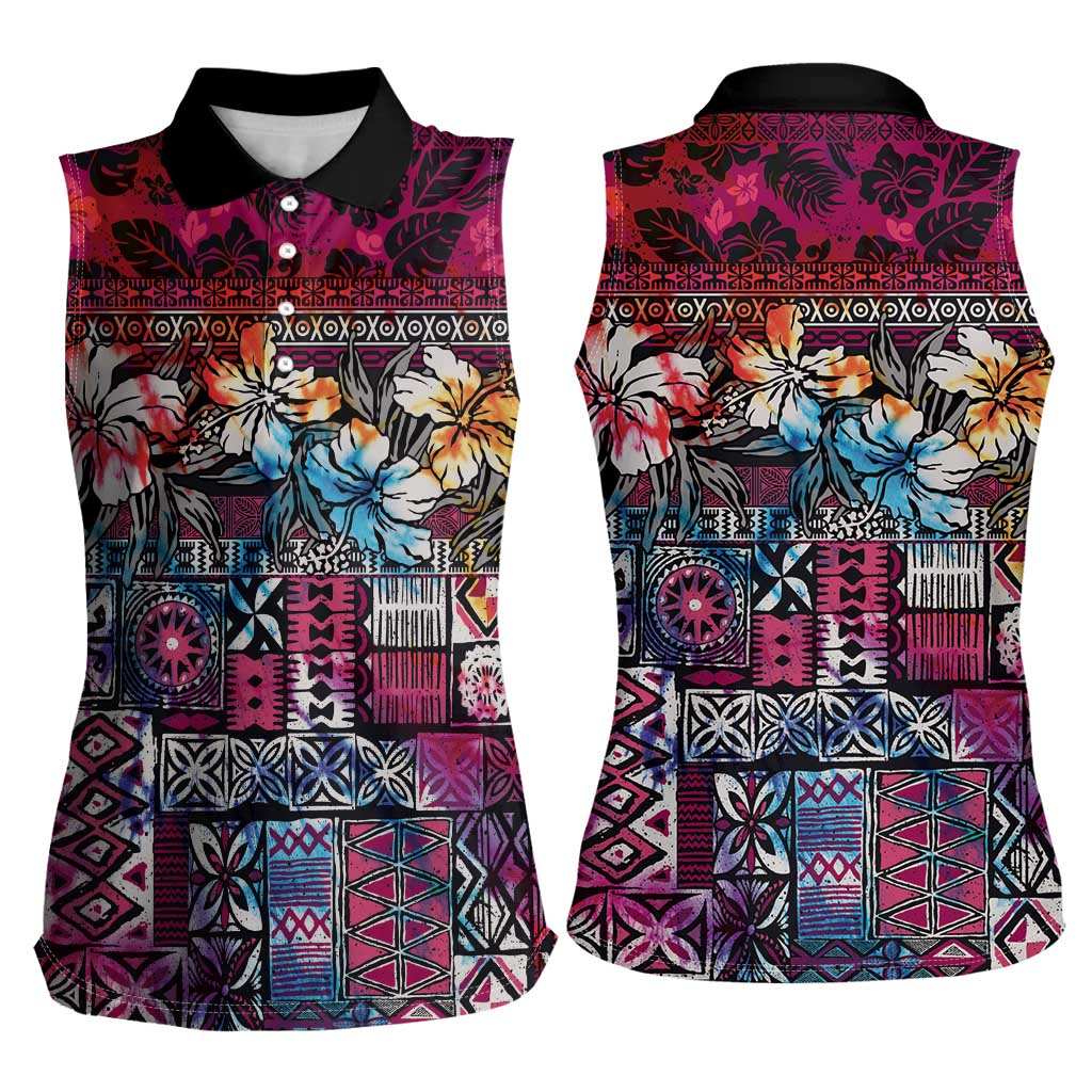 Pacific Hibiscus Tapa Tribal Vintage Women Sleeveless Polo Shirt Pink Motif LT9 - Polynesian Pride