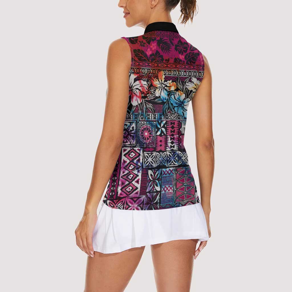 Pacific Hibiscus Tapa Tribal Vintage Women Sleeveless Polo Shirt Pink Motif LT9 - Polynesian Pride