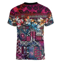 Pacific Hibiscus Tapa Tribal Vintage Women V-Neck T-Shirt Pink Motif LT9 - Polynesian Pride
