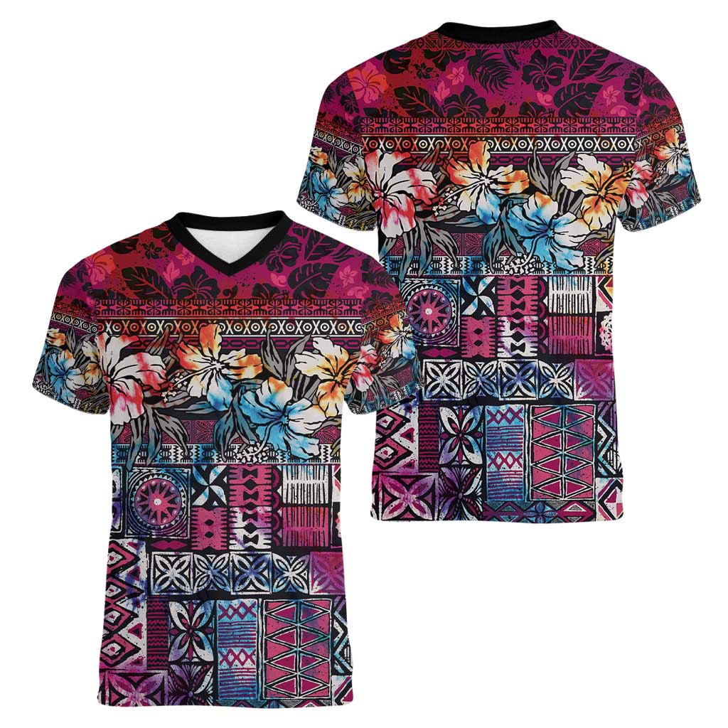 Pacific Hibiscus Tapa Tribal Vintage Women V-Neck T-Shirt Pink Motif LT9 - Polynesian Pride