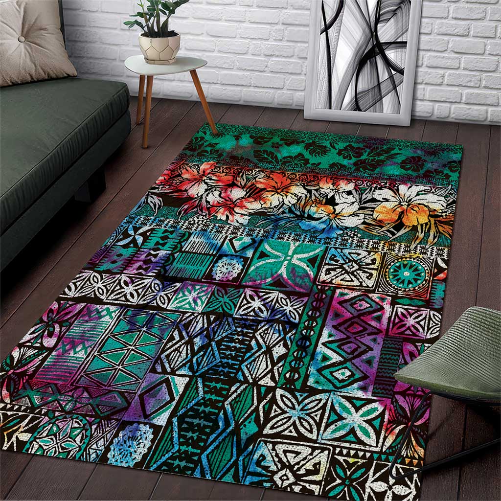 Pacific Hibiscus Tapa Tribal Vintage Area Rug Turquoise Motif LT9 Turquoise - Polynesian Pride