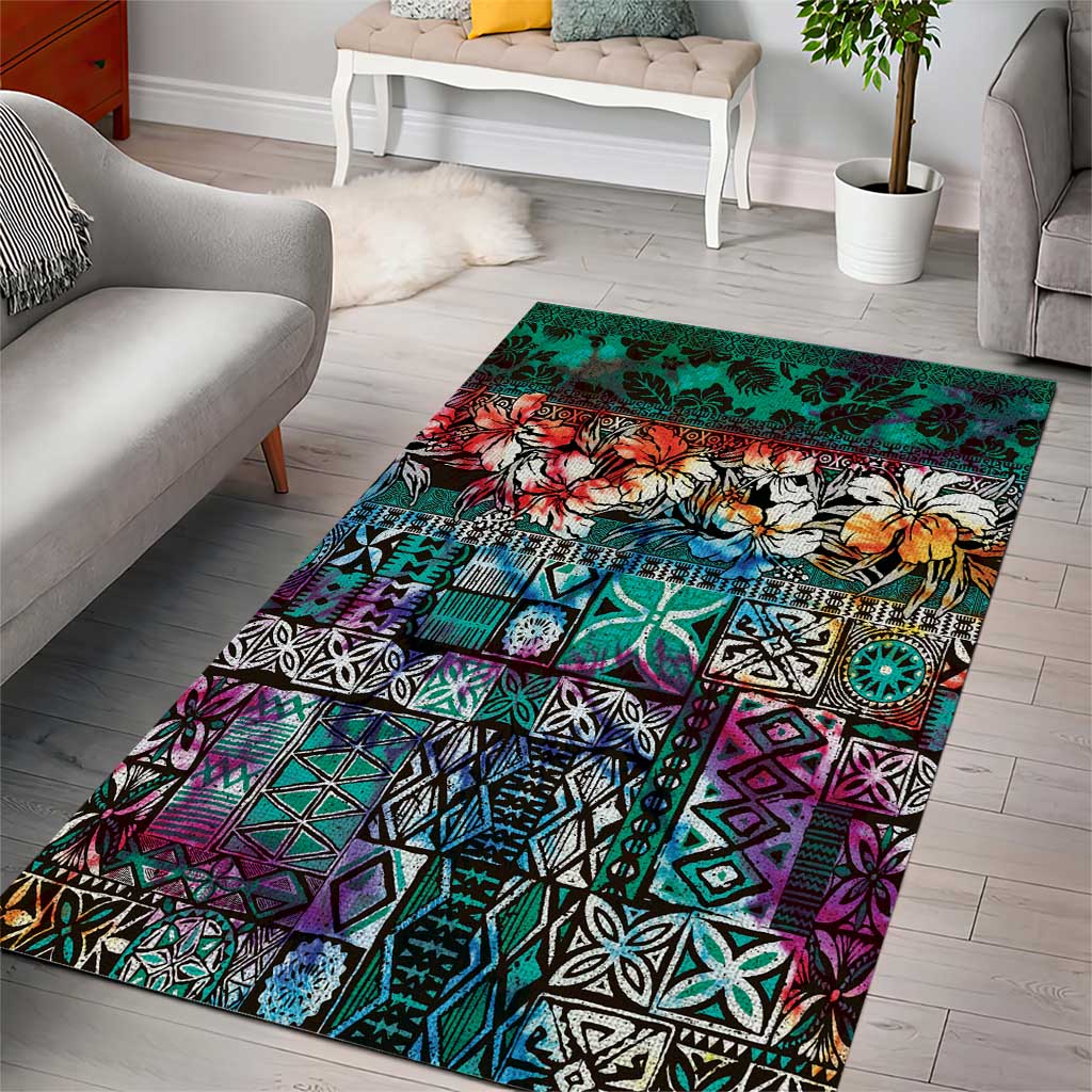 Pacific Hibiscus Tapa Tribal Vintage Area Rug Turquoise Motif LT9 - Polynesian Pride