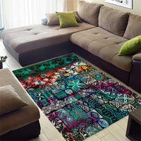 Pacific Hibiscus Tapa Tribal Vintage Area Rug Turquoise Motif LT9 - Polynesian Pride