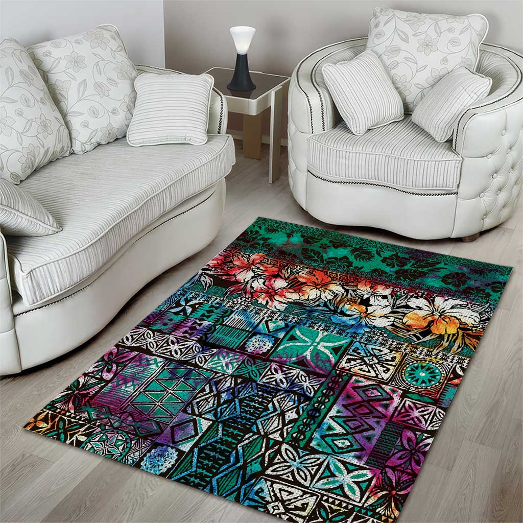 Pacific Hibiscus Tapa Tribal Vintage Area Rug Turquoise Motif LT9 - Polynesian Pride