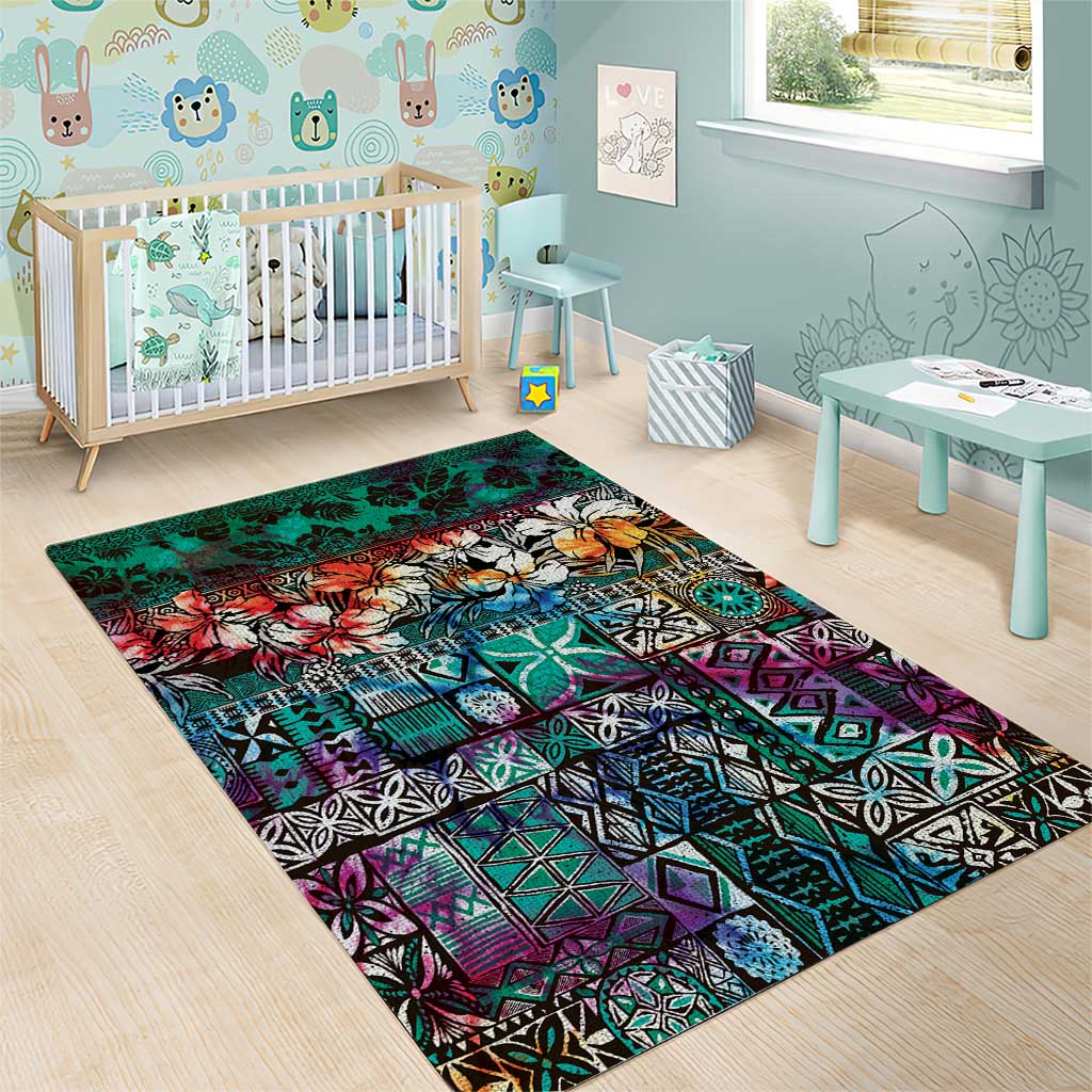 Pacific Hibiscus Tapa Tribal Vintage Area Rug Turquoise Motif LT9 - Polynesian Pride