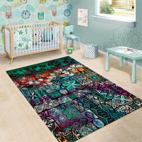 Pacific Hibiscus Tapa Tribal Vintage Area Rug Turquoise Motif LT9 - Polynesian Pride