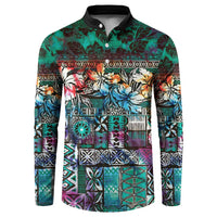 Pacific Hibiscus Tapa Tribal Vintage Button Sweatshirt Turquoise Motif