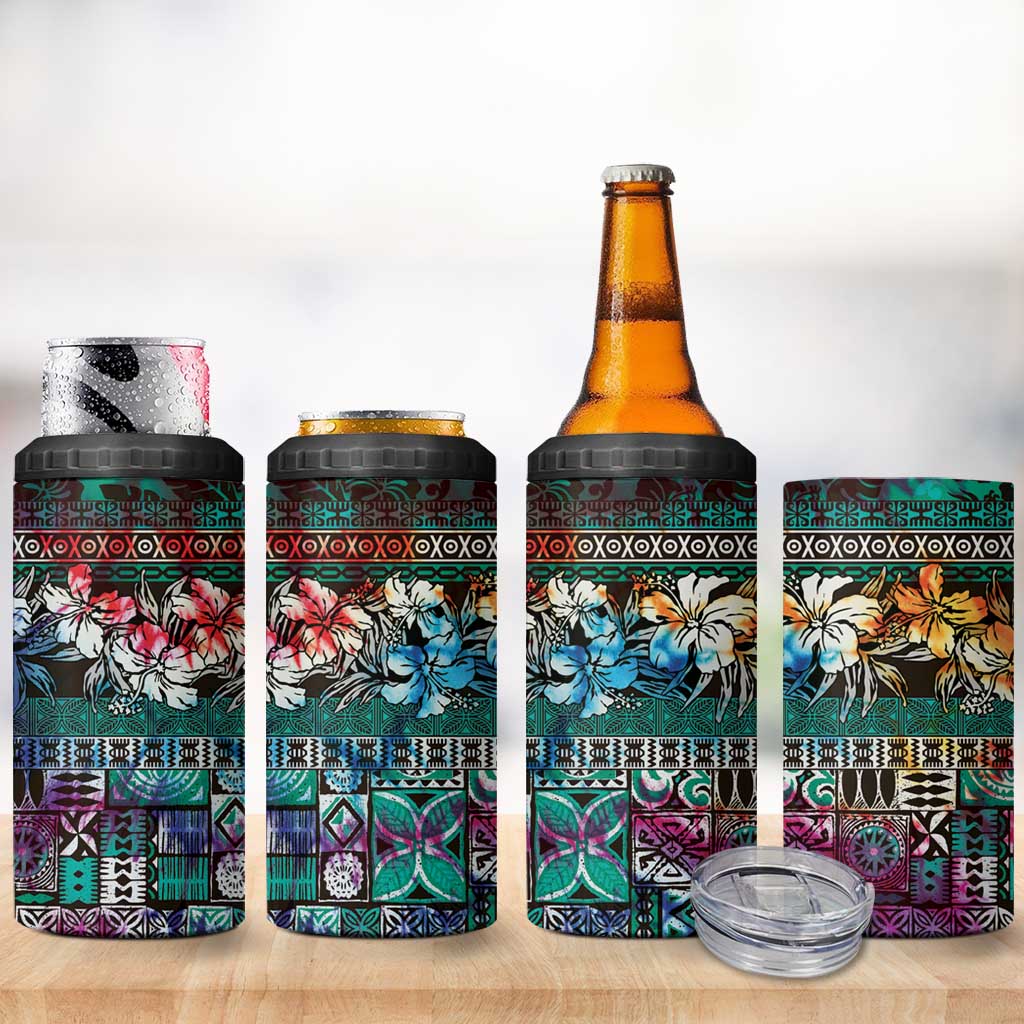 Pacific Hibiscus Tapa Tribal Vintage 4 in 1 Can Cooler Tumbler Turquoise Motif LT9 - Polynesian Pride
