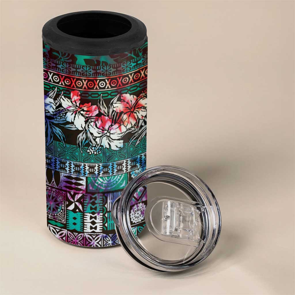 Pacific Hibiscus Tapa Tribal Vintage 4 in 1 Can Cooler Tumbler Turquoise Motif LT9 - Polynesian Pride