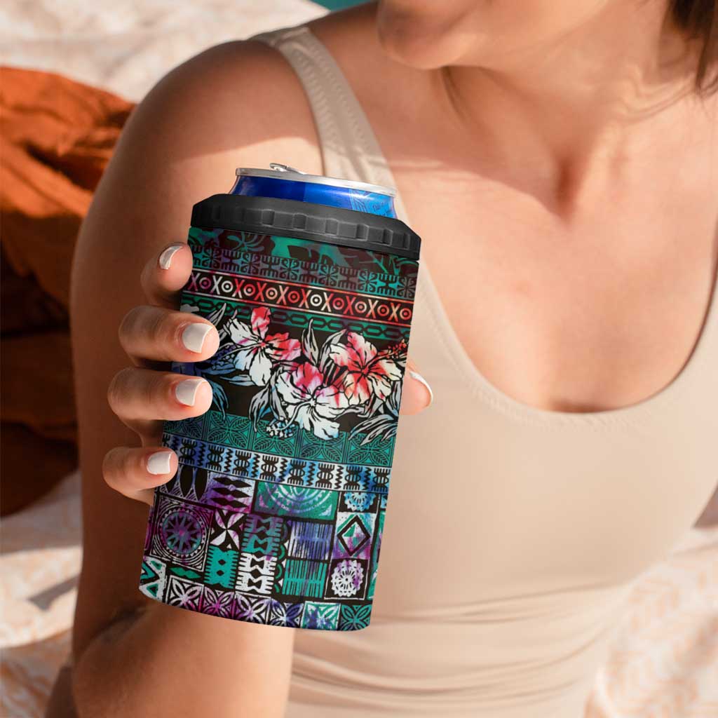 Pacific Hibiscus Tapa Tribal Vintage 4 in 1 Can Cooler Tumbler Turquoise Motif LT9 - Polynesian Pride