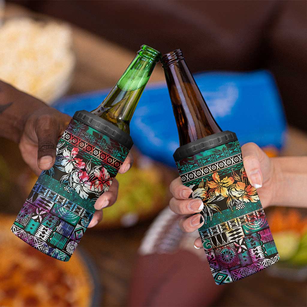 Pacific Hibiscus Tapa Tribal Vintage 4 in 1 Can Cooler Tumbler Turquoise Motif LT9 - Polynesian Pride