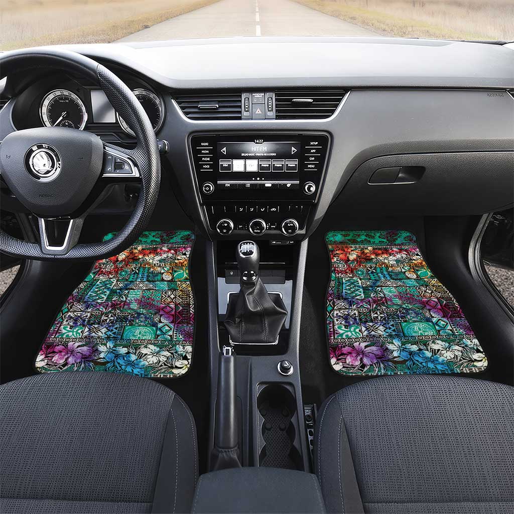 Pacific Hibiscus Tapa Tribal Vintage Car Mats Turquoise Motif