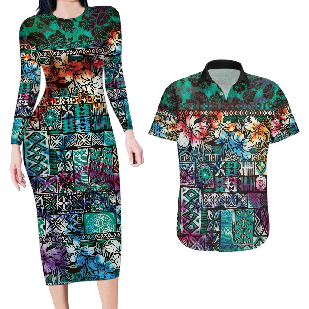 Pacific Hibiscus Tapa Tribal Vintage Couples Matching Long Sleeve Bodycon Dress and Hawaiian Shirt Turquoise Motif LT9 Turquoise - Polynesian Pride
