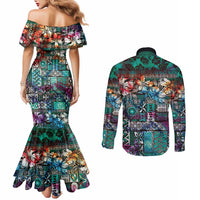 Pacific Hibiscus Tapa Tribal Vintage Couples Matching Mermaid Dress and Long Sleeve Button Shirt Turquoise Motif LT9 - Polynesian Pride