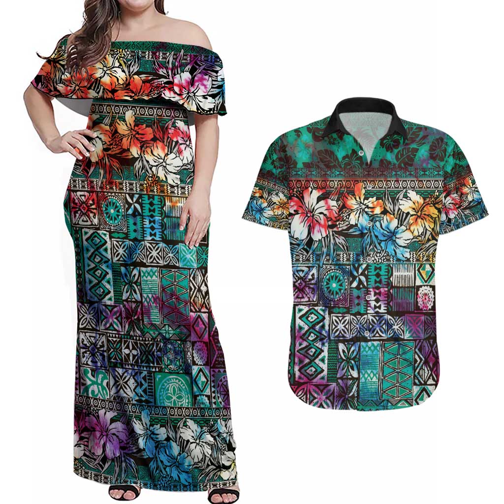 Pacific Hibiscus Tapa Tribal Vintage Couples Matching Off Shoulder Maxi Dress and Hawaiian Shirt Turquoise Motif LT9 Turquoise - Polynesian Pride