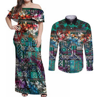 Pacific Hibiscus Tapa Tribal Vintage Couples Matching Off Shoulder Maxi Dress and Long Sleeve Button Shirt Turquoise Motif LT9 Turquoise - Polynesian Pride