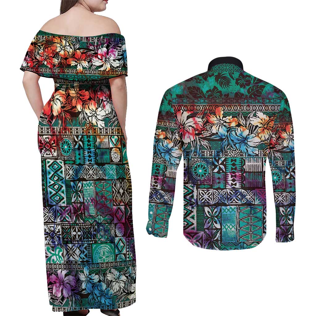 Pacific Hibiscus Tapa Tribal Vintage Couples Matching Off Shoulder Maxi Dress and Long Sleeve Button Shirt Turquoise Motif LT9 - Polynesian Pride