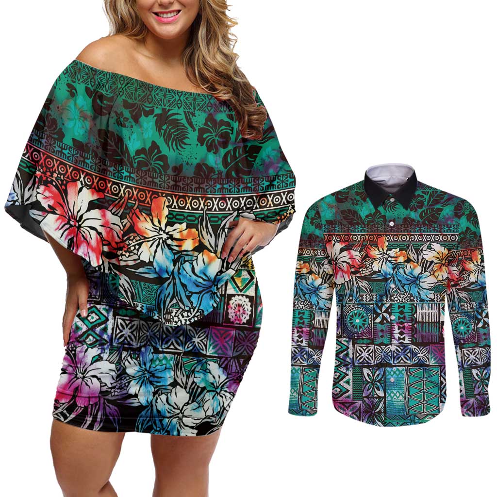 Pacific Hibiscus Tapa Tribal Vintage Couples Matching Off Shoulder Short Dress and Long Sleeve Button Shirt Turquoise Motif LT9 Turquoise - Polynesian Pride
