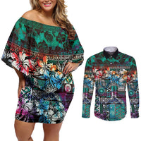 Pacific Hibiscus Tapa Tribal Vintage Couples Matching Off Shoulder Short Dress and Long Sleeve Button Shirt Turquoise Motif LT9 Turquoise - Polynesian Pride