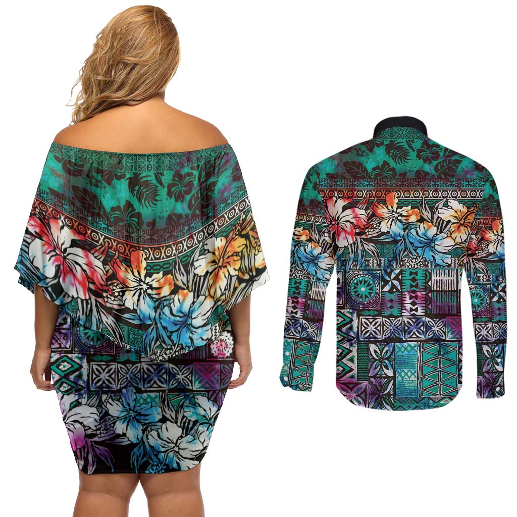 Pacific Hibiscus Tapa Tribal Vintage Couples Matching Off Shoulder Short Dress and Long Sleeve Button Shirt Turquoise Motif LT9 - Polynesian Pride