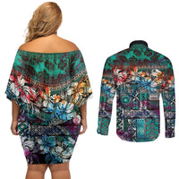Pacific Hibiscus Tapa Tribal Vintage Couples Matching Off Shoulder Short Dress and Long Sleeve Button Shirt Turquoise Motif LT9 - Polynesian Pride