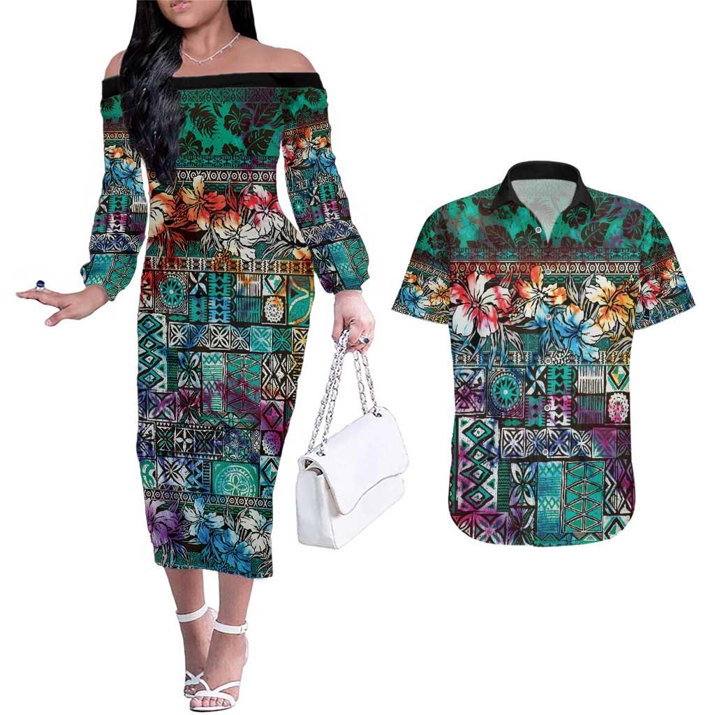 Pacific Hibiscus Tapa Tribal Vintage Couples Matching Off The Shoulder Long Sleeve Dress and Hawaiian Shirt Turquoise Motif LT9 Turquoise - Polynesian Pride