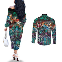 Pacific Hibiscus Tapa Tribal Vintage Couples Matching Off The Shoulder Long Sleeve Dress and Long Sleeve Button Shirt Turquoise Motif LT9 - Polynesian Pride