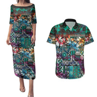 Pacific Hibiscus Tapa Tribal Vintage Couples Matching Puletasi and Hawaiian Shirt Turquoise Motif LT9 Turquoise - Polynesian Pride