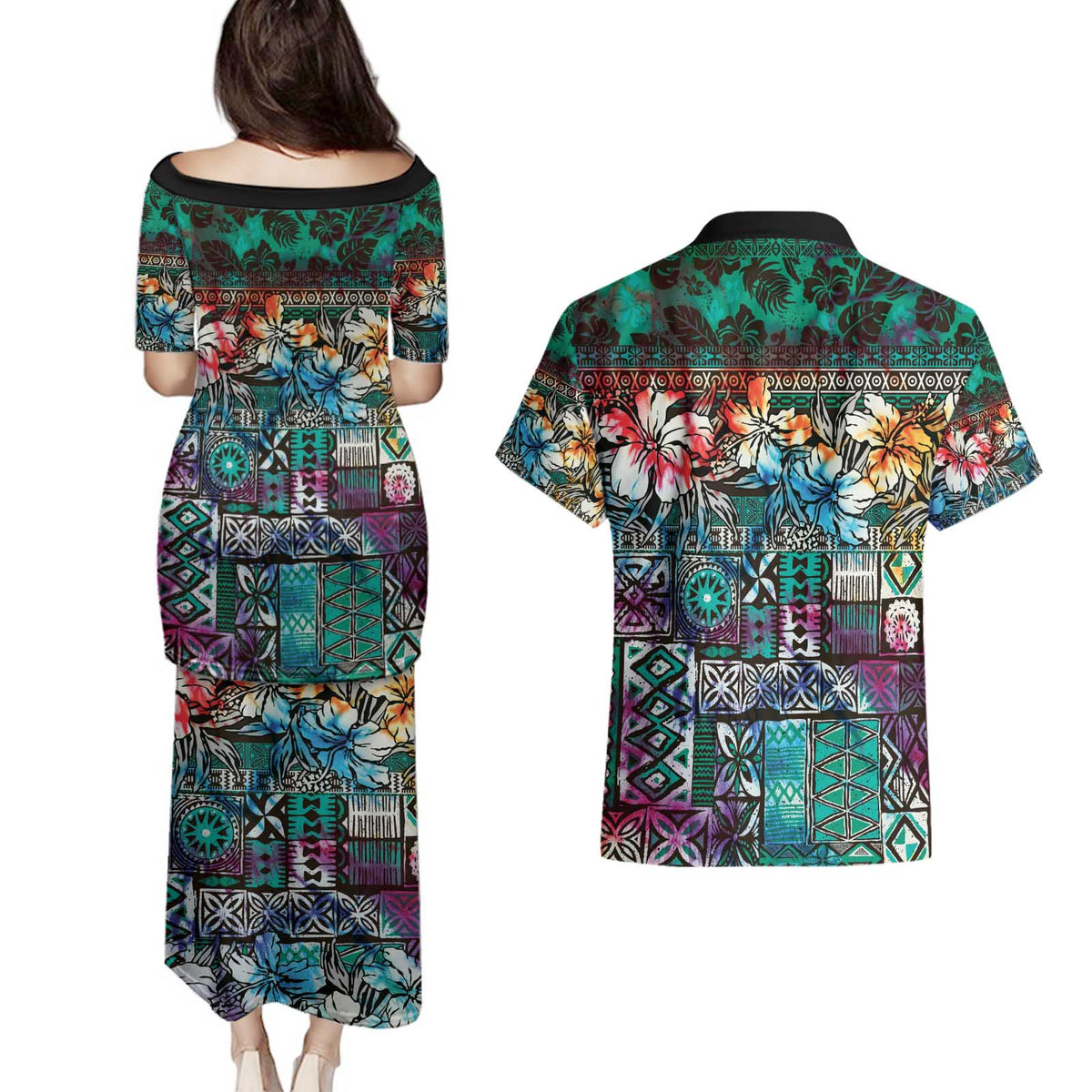 Pacific Hibiscus Tapa Tribal Vintage Couples Matching Puletasi and Hawaiian Shirt Turquoise Motif LT9 - Polynesian Pride