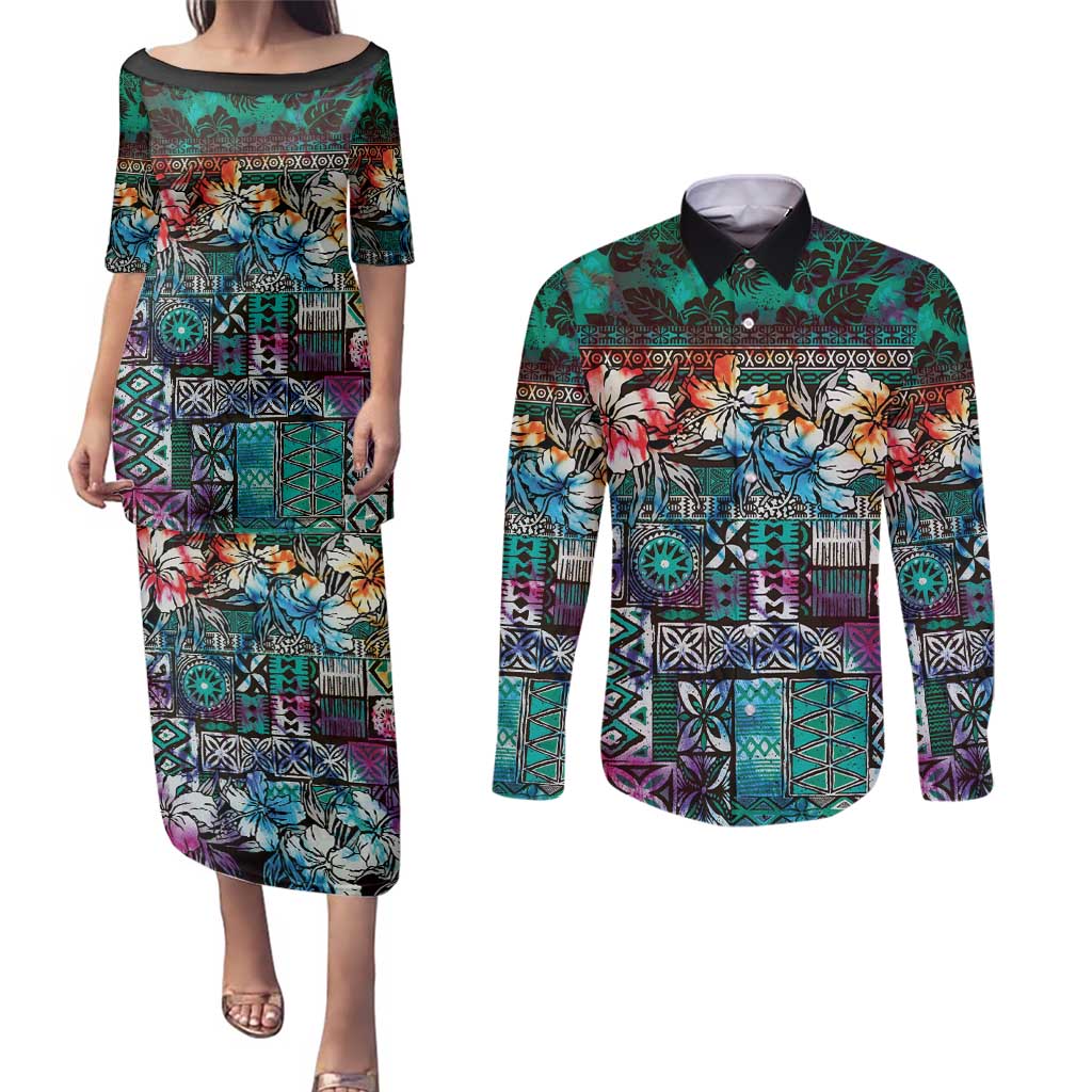 Pacific Hibiscus Tapa Tribal Vintage Couples Matching Puletasi and Long Sleeve Button Shirt Turquoise Motif