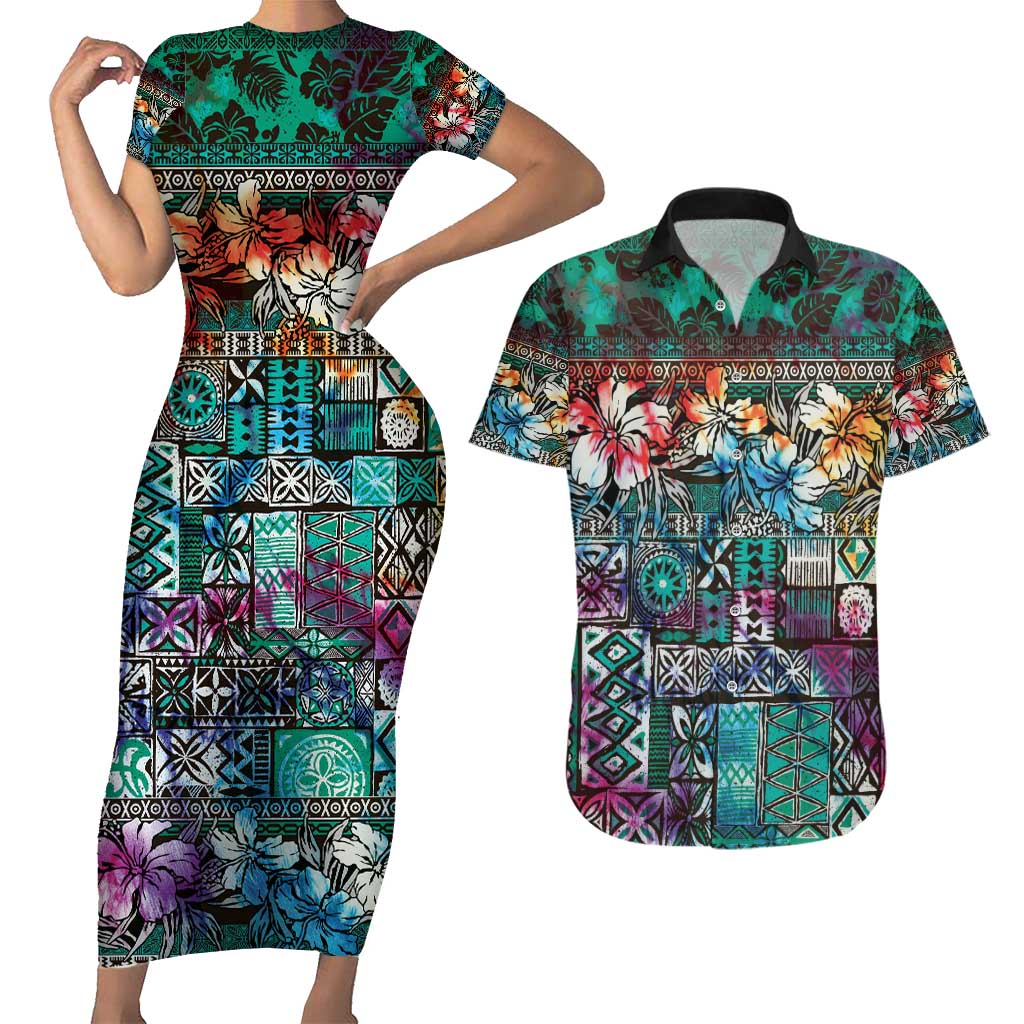Pacific Hibiscus Tapa Tribal Vintage Couples Matching Short Sleeve Bodycon Dress and Hawaiian Shirt Turquoise Motif LT9 Turquoise - Polynesian Pride
